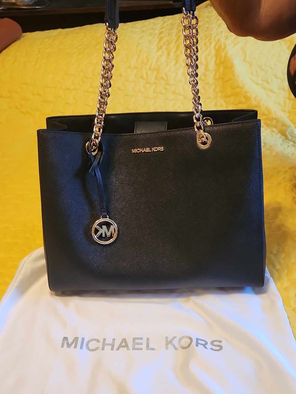 Michael Kors Black Leather Tote with Gold Chain Straps